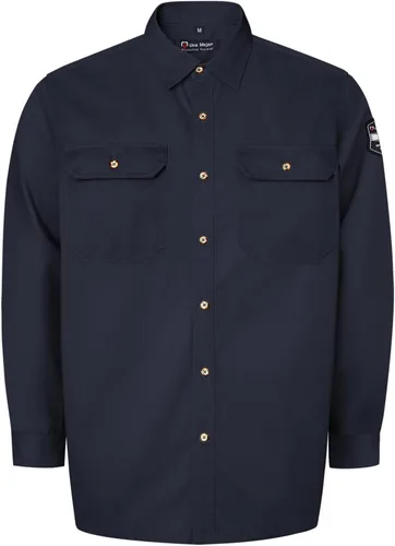 Vista 7 de Camisas FR grises para hombre, sarga de algodón de 7.5 onzas, manga larga, ajuste regular, cuello de punto, cuello Henley, 2 bolsillos de parche