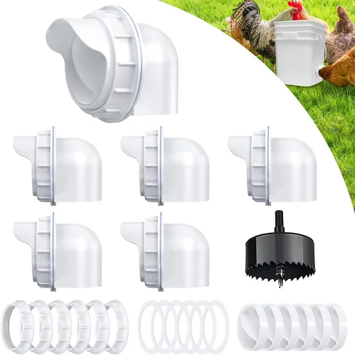 Vista 12 de Comedero automático para gallineros sin residuos, 6 puertos con tapa, resistente a la intemperie, reutilizable, gravedad, sin derrames, kit