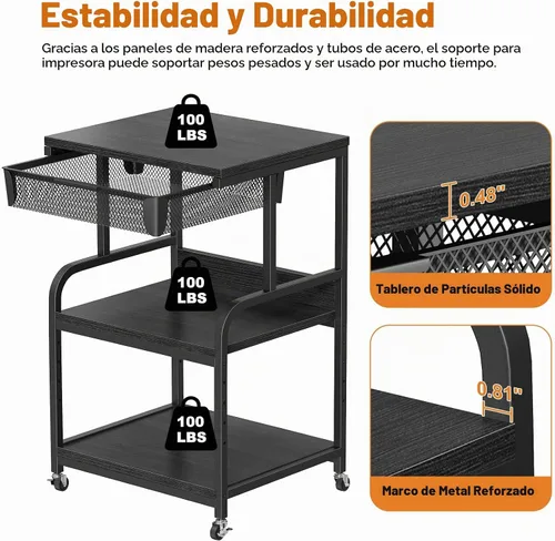 Vista 6 de EasyCom Soporte de impresora grande con cajón de almacenamiento, 5 estantes ajustables y carrito rodante de 3 niveles con ruedas industriales