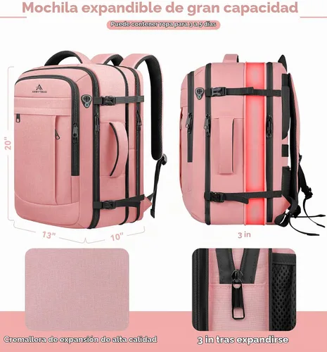 Vista 5 de AREYTECO Mochila de viaje para mujer, mochila de mano expandible de 50 L Amourpink