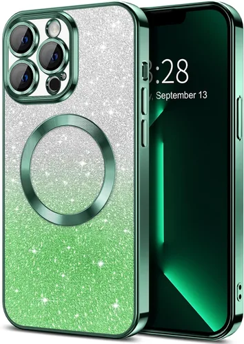 Vista 149 de Hython Funda para iPhone 13 Pro transparente con purpurina magnética [compatible con MagSafe] Protector completo de lente de cámara delgado