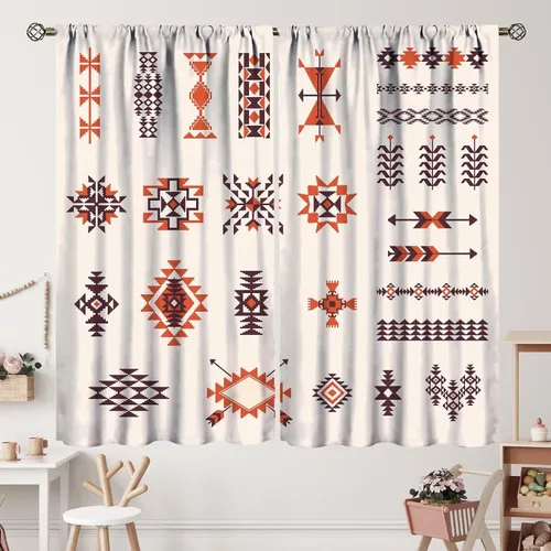 Vista 158 de Cortinas con patrón geométrico tribal, estilo suroeste, azteca, rústico, occidental, nativo americano, opacas, con bolsillo para barra, decoración