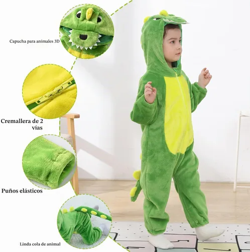 Vista 2 de TONWHAR - Disfraz para niños y bebés, disfraz de dinosaurio, tigre, animal, atuendo de fantasía, mameluco con capucha Dinosaurio verde