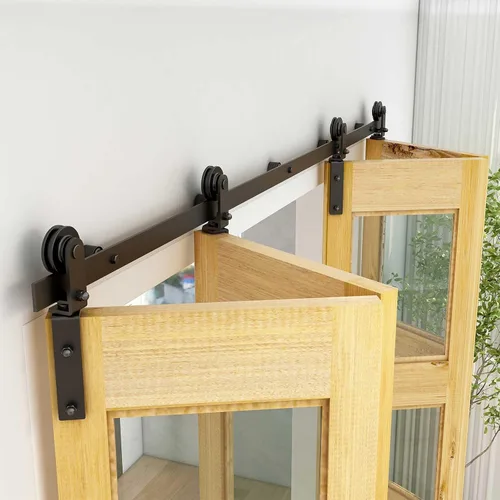 Vista 2 de TSMST Kit de riel de puerta corrediza de granero de doble pliegue de 8 pies/96 pulgadas para 4 puertas, kit de herrajes para puerta de granero