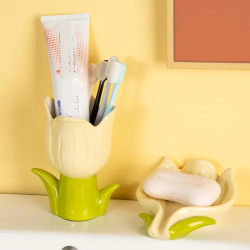 Vista 3 de WAIT FLY Soporte para cepillos de dientes con forma de flor, decoración de baño, soporte para cepillos de dientes tulipán
