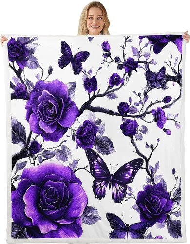 Vista 7 de Manta de franela azul rosa para todas las estaciones, manta de cama gótica de mariposa para decoración del hogar kawaii, manta rústica con flores