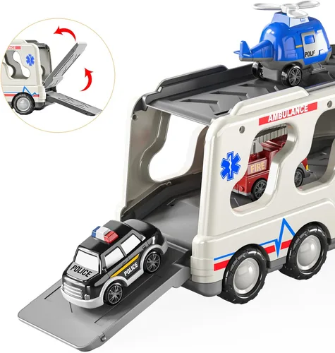 Vista 9 de TEMI Paquete de 5 Vehículos de Ambulancia Camiones de Juguete para Niños Pequeños de 3 4 5 6 Años, Autos Impulsados por Fricción con Helicóptero