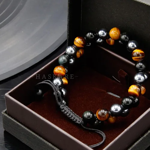 Vista 6 de HASKARE Triple Protection Bracelet, Genuine Tigers Eye Black Obsidian and Hematite 8mm Beads Bracelet for Men Women, Crystal Jewelry Stone Bracelets