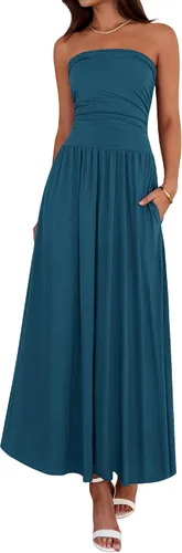 Vista 11 de BTFBM Vestidos largos de verano para mujer, vestido sin tirantes Marrón