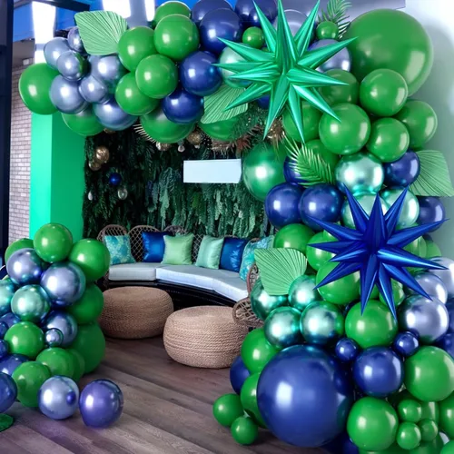 Vista 6 de Kit de arco de globos azules y verdes, kit de arco de guirnalda de globos azul marino y verde oscuro con globos de papel de aluminio de estrella 4D