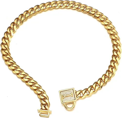 Vista 4 de Collar de cadena de perro resistente, de acero inoxidable con oro de 18 quilates, collar de ahorque, con hebilla de seguridad de diamantes