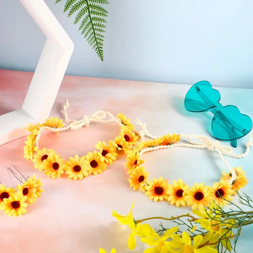 Vista 5 de 18 accesorios para el cabello de girasol, 3 diademas florales y 15 pinzas para el cabello para mujeres y niñas, corona bohemia de girasol, corona