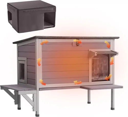 Vista 13 de GUTINNEEN Casa Grande para Gatos al Aire Libre Resistente a la Intemperie con Puertas de Escape, Madera Maciza Aislada Más Gruesa, Porche Grande