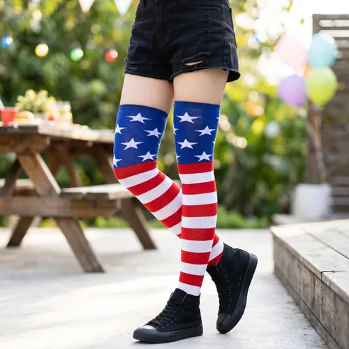 Vista 3 de Calcetines altos para mujer, calcetines altos a rayas hasta el muslo Bandera estadounidense
