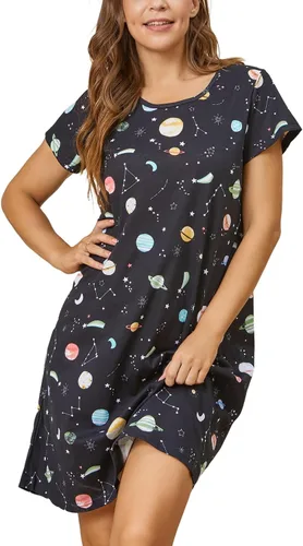Vista 2 de Inadays Camisón de algodón para mujer, ropa de dormir de manga corta, camisón casual con estampado, pijama holgado y cómodo