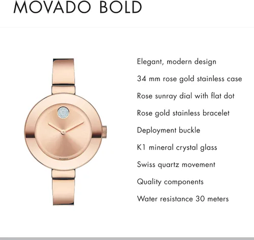 Vista 2 de Movado Brazalete BOLD para mujer de oro rosa con esfera plana de rayos solares, doradorosa (modelo 3600202)