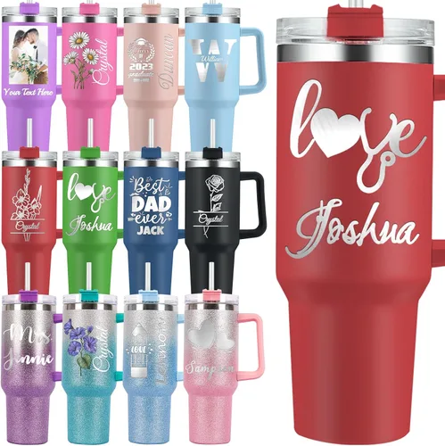 Vista 12 de Vaso personalizado con asa personalizado de 40 onzas grabado con nombre de flor de nacimiento con tapa y pajita, taza de café de viaje de acero