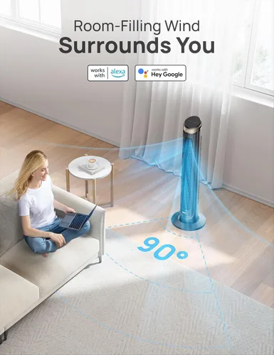 Vista 4 de Dreo - Ventilador de torre WiFi de 40 pulgadas, enfriamiento de alta velocidad de 26 pies por segundo, ventilador silencioso con control remoto