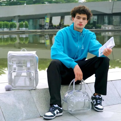 Vista 46 de Mochila transparente, aprobada por el estadio, para niñas y niños, mochila transparente de PVC resistente para mujeres y hombres