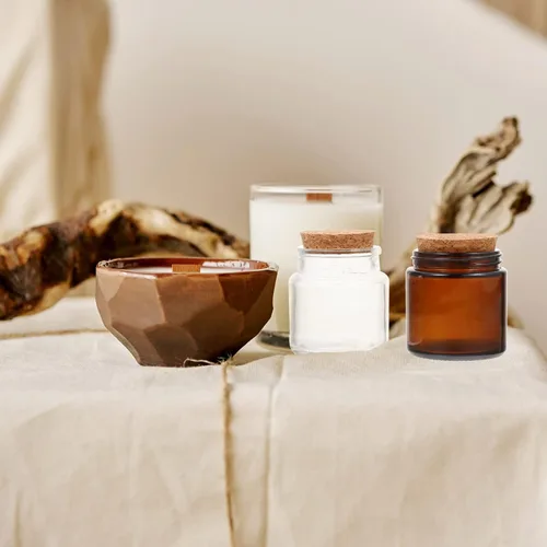 Vista 8 de Tarros de vela de vidrio con tapas de corcho, 4 unidades, 3.4 fl oz, recipientes de velas perfumadas vacíos redondos, tazas de té, soporte