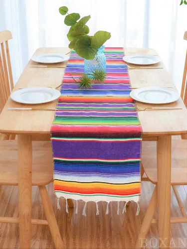 Vista 3 de BOXAN Camino de mesa de serape mexicano para decoración de boda, picnic al aire libre, mesa de comedor, manta de algodón con flecos, caminos de mesa