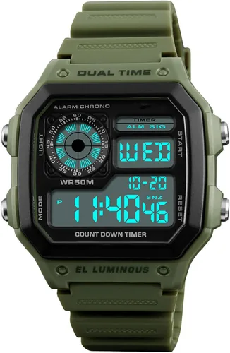 Vista 9 de PASOY Reloj de pulsera digital multifunción para hombre, con hora doble, alarma, cronómetro, cuenta regresiva, retroiluminación, resistente al agua