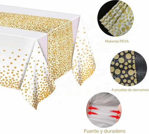 Vista 3 de MOLFUJ Mantel de plástico blanco y dorado de 54 x 108 pulgadas para fiesta, paquete de 2 manteles desechables blancos para mesa rectangular de 8