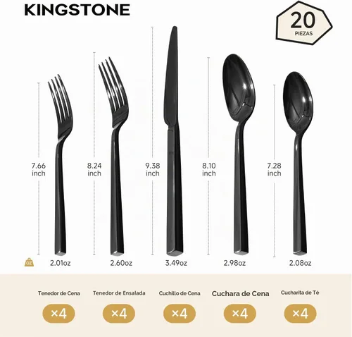 Vista 2 de Juego de cubiertos negros KINGSTONE, juego de 20 piezas de cubertería de acero inoxidable premium, servicio para 4, para cocina, hogar, boda