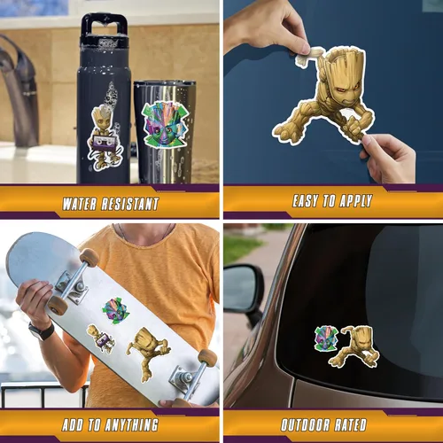Vista 2 de Marvel Guardianes de la Galaxia Groot Calcomanías – Juego de 3 calcomanías de vinilo para coche, laptop, computadora, monopatín, calcomanías