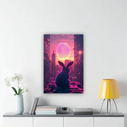 Vista 6 de Retro Futuristic Easter Wall Art – Neon Bunny with Cyber Egg – Synthwave 80s Sci-Fi Cityscape Poster – Unique Easter Decor & Gift for Vaporwave Fans