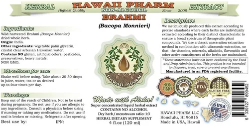 Vista 2 de Hawaii Pharm Brahmi Extracto líquido sin alcohol, Brahmi líquido (Bacopa Monnieri) Suplemento herbario natural de glicerita de hierbas secas enteras