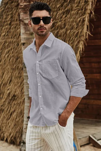 Vista 4 de JMIERR Camisa de vestir de manga larga con botones y lino de algodón para hombre