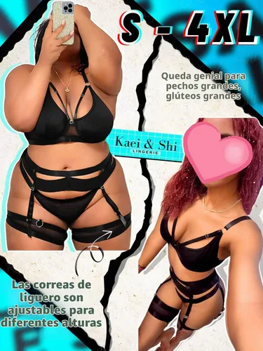 Vista 4 de Lencería de liguero para mujer, lencería de encaje sexy, conjunto de lencería transparente a juego de 4 piezas Negro