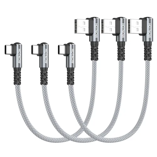 Vista 13 de Cable USB C corto de ángulo recto de 0.5 pies, paquete de 3 cables de carga USB C de 6 pulgadas, cable de carga rápida trenzado de nailon