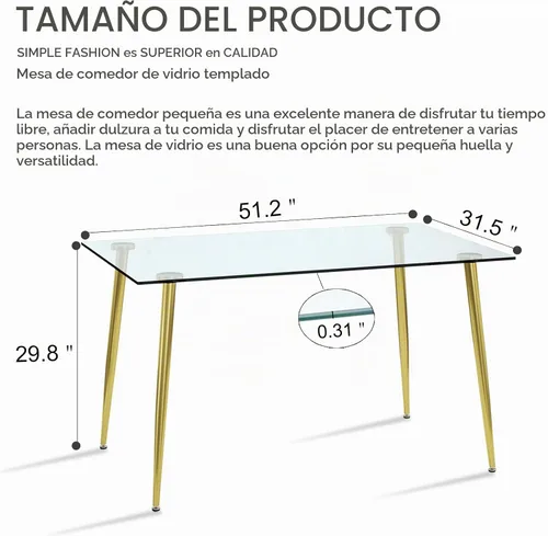 Vista 2 de Ebullient - Mesa de comedor rectangular de vidrio de 51 pulgadas para 4 a 6 años, moderna de mediados de siglo, con mesa de vidrio templado, patas