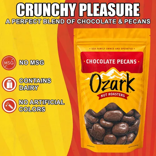 Vista 3 de OZARK NUT ROASTERS, Nueces pecanas cubiertas de chocolate, aperitivos salados con sabor a chocolate, nueces confitadas gourmet de clase mundial