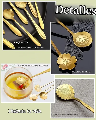 Vista 5 de 16 piezas de cucharaditas de té, cucharas de café bonitas de acero inoxidable ESRISE para decoraciones de fiesta de té (doradas)