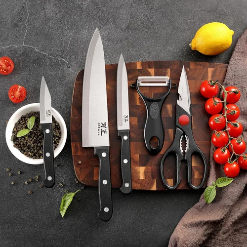 Vista 9 de Juego de cuchillos de cocina de 5 piezas, juego de cuchillos sin bloque con fundas, hoja afilada de acero inoxidable y mango cómodo, juego