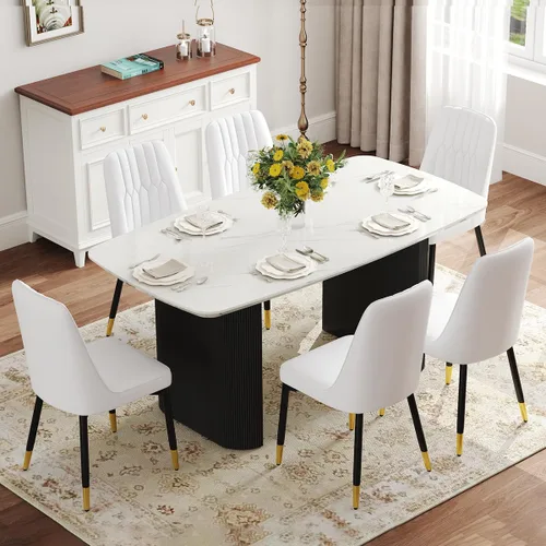 Vista 22 de Juego de mesa de comedor blanco Ebullient para 4, juego de mesa de comedor ovalada de mármol de 67' con 4 sillas de metal, parte superior de grano