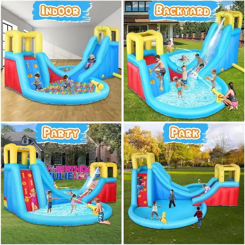 Vista 7 de AKEYDIY Toboganes acuáticos inflables, estilo circular al aire libre parque acuático inflable con escalada, borde de baloncesto, piscina
