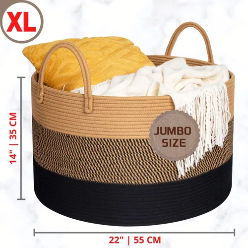 Vista 2 de MINTWOOD Design Cesta decorativa extragrande de 22 x 14 pulgadas de cuerda de algodón tejida para sala de estar con asas largas, cesta de lavandería