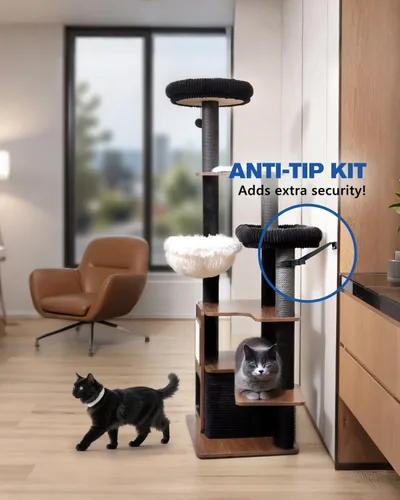 Vista 8 de Árbol de gato resistente de 63 pulgadas para gatos de interior, torre resistente para gatos grandes con poste rascador, percha superior de felpa