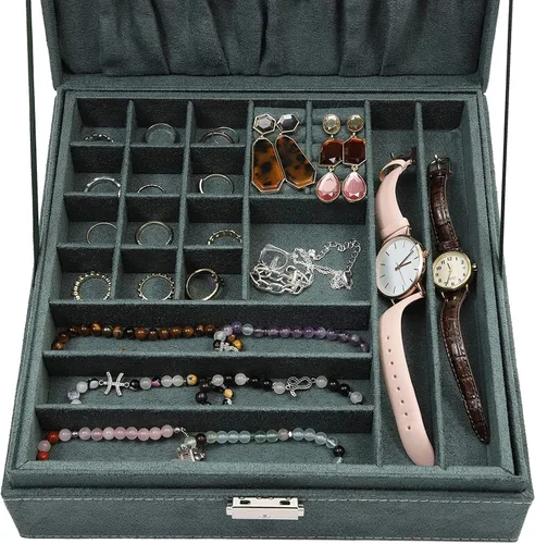 Vista 6 de Joyero de terciopelo verde con cerradura para mujeres y hombres caja de almacenamiento con 2 capas para aretes pulseras collares anillos 105 x 105 x