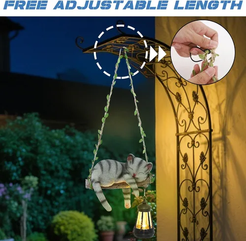 Vista 5 de Estatua de jardín con luz solar para exteriores, columpio colgante de 22.6 pulgadas de alto con un gato dormido y una linterna LED, figura de animal