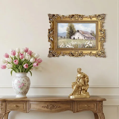 Vista 6 de XIAOAIKA Arte de pared de paisaje de granero blanco acabado a mano, impresión de escena de granja vintage con marco barroco dorado envejecido