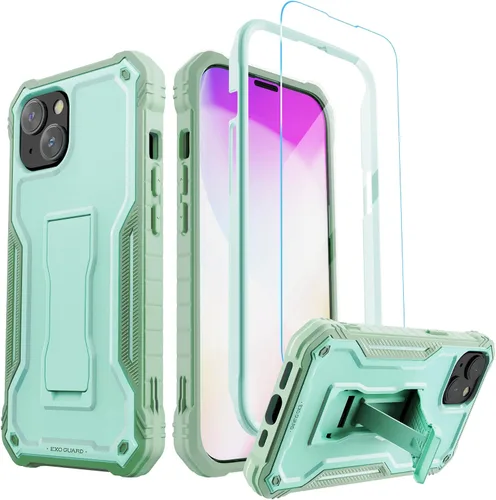 Vista 9 de ExoGuard Funda para iPhone 14, funda de goma a prueba de golpes de cuerpo completo viene con un protector de pantalla de vidrio templado y soporte