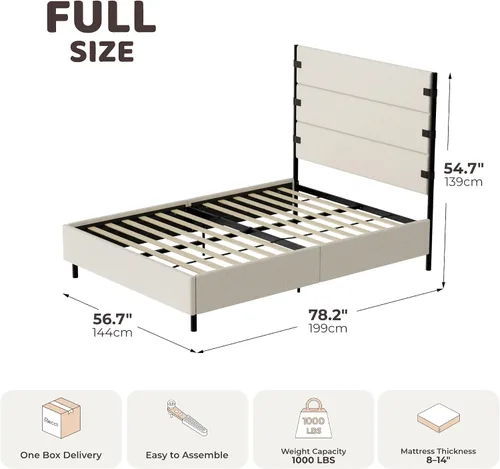Vista 2 de Recci Base de cama tapizada de tamaño matrimonial con cabecero alto con Chenille beige