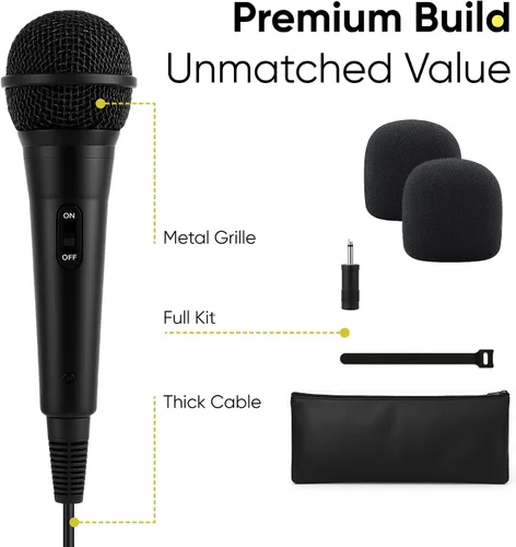 Vista 6 de Bowens Micrófono dinámico con cable, micrófono vocal con cable de 15 pies y adaptador de 1/4 de pulgada a 0.138 in, micrófono cardioide de karaoke
