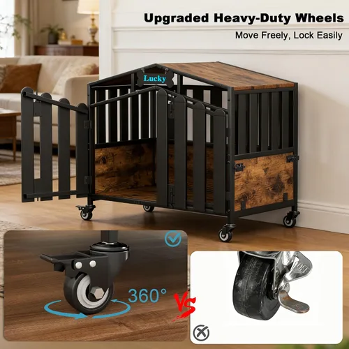 Vista 4 de EasyCom Muebles resistentes de 31 pulgadas para perros, para interiores con ruedas de 360°, jaulas decorativas para perros pequeños, jaula de madera