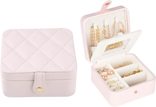Vista 4 de Joyero de viaje con espejo, mini estuche de viaje de piel sintética para mujeres y niñas, pequeño organizador de joyas portátil para anillos